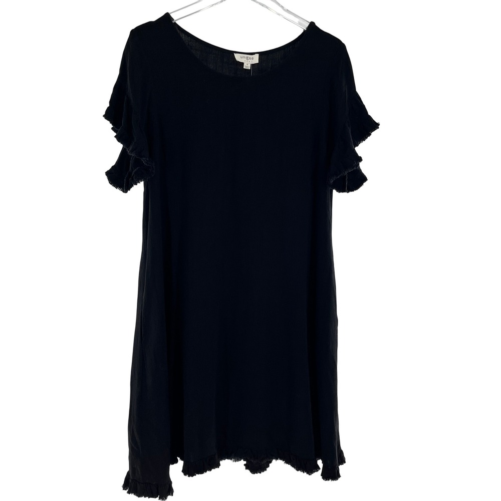 NWT Umgee Jessica Dress Pockets Black Linen Cotton Fringe Trim Whimsigoth Boho M